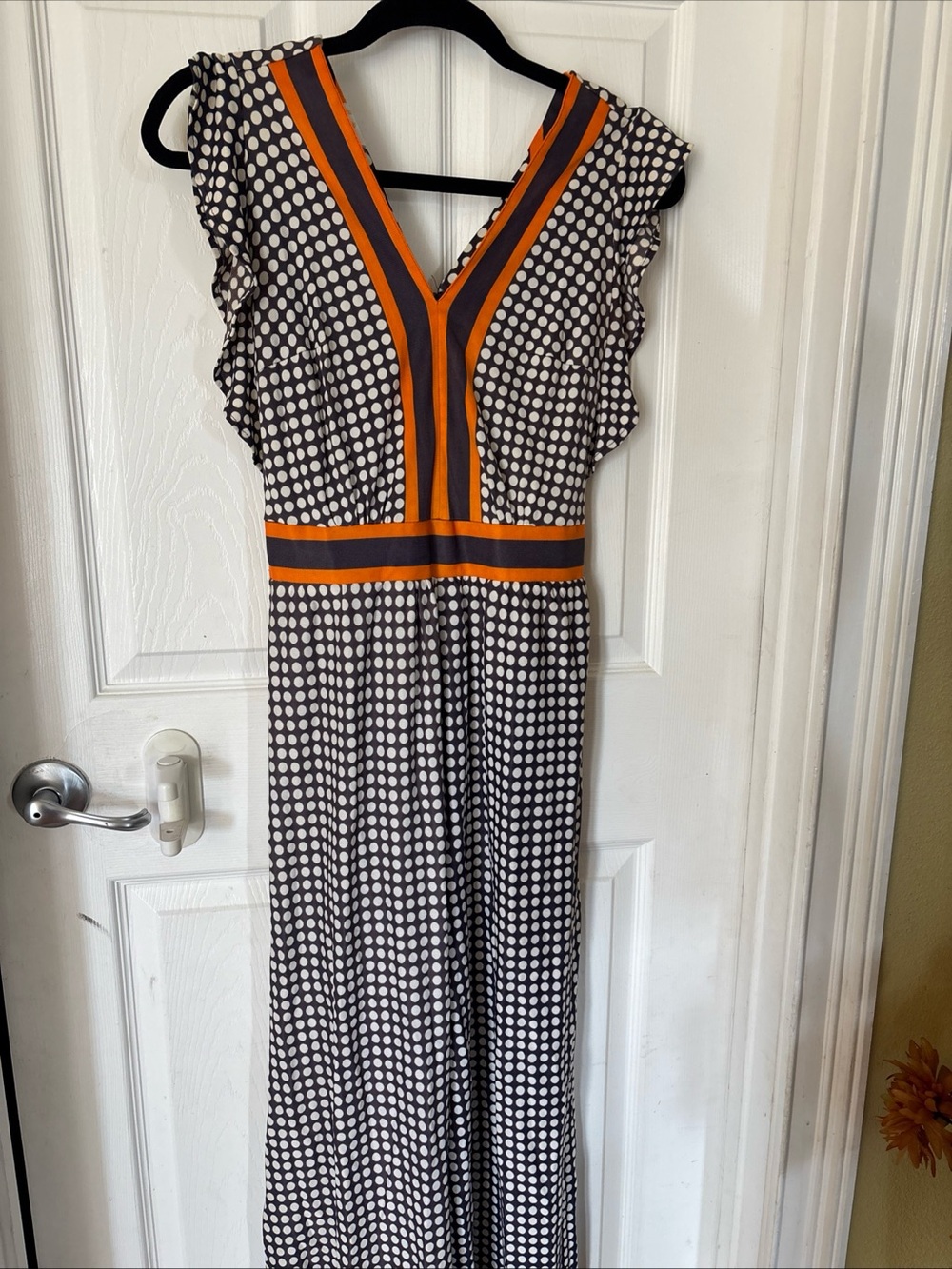 VTG 70’s Polka Dot Palazzo Wide Leg Jumpsuit Orange Trim attached Belt Back Zip